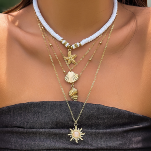 Ocean-style shell conch tassel multi-layer necklace, stacked soft clay starfish necklace