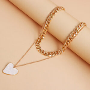 Double-layer heart-shaped white mother-of-pearl pendant necklace necklace metal thick aluminum chain necklace