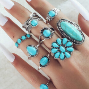 New Ring Retro Bohemian Feather Turquoise Hollow 9-piece Set