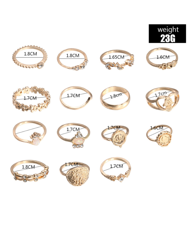 Retro Beauty Head Portrait Gold Coin Cross Pattern Love Fatima Palm Ring 15-piece Ring Set - Image 3