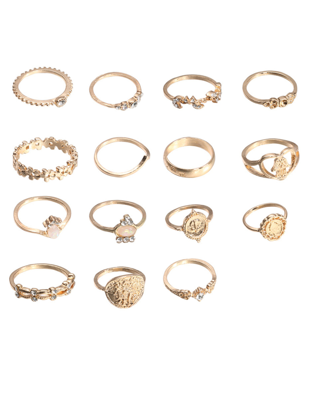 Retro Beauty Head Portrait Gold Coin Cross Pattern Love Fatima Palm Ring 15-piece Ring Set - Image 4