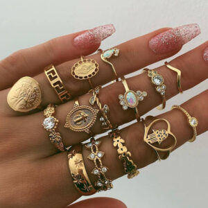 Retro Beauty Head Portrait Gold Coin Cross Pattern Love Fatima Palm Ring 15-piece Ring Set