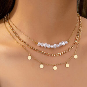 Simple and elegant irregular imitation pearl metal disc women's necklace set