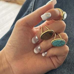 Oval Blue Turquoise Tiger's Eye Adjustable Open Ring (Single Set)