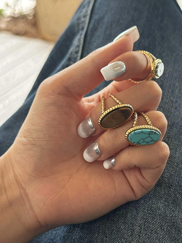 Oval Blue Turquoise Tiger's Eye Adjustable Open Ring (Single Set)