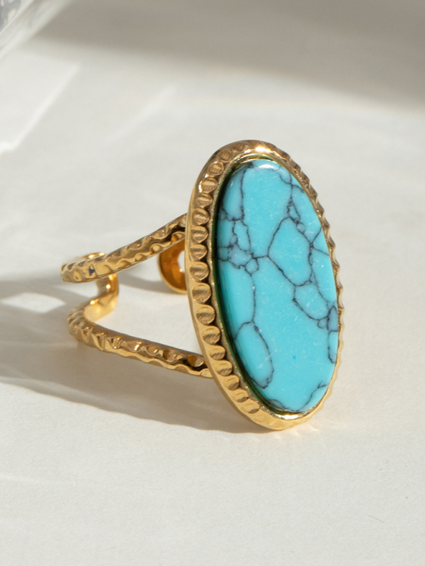Oval Blue Turquoise Tiger's Eye Adjustable Open Ring (Single Set) - Image 6