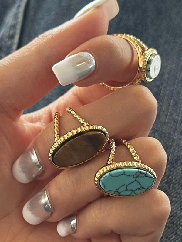Oval Blue Turquoise Tiger's Eye Adjustable Open Ring (Single Set) - Image 2
