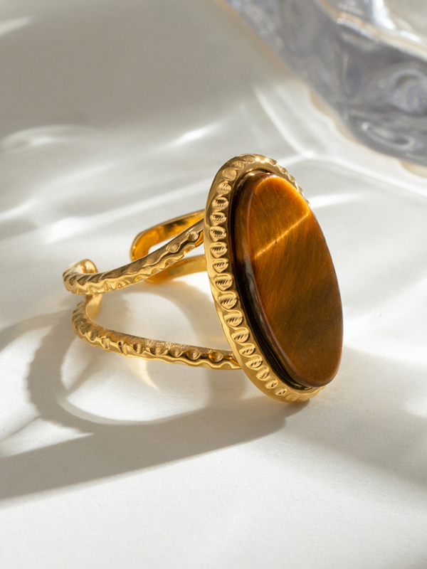 Oval Blue Turquoise Tiger's Eye Adjustable Open Ring (Single Set) - Image 9