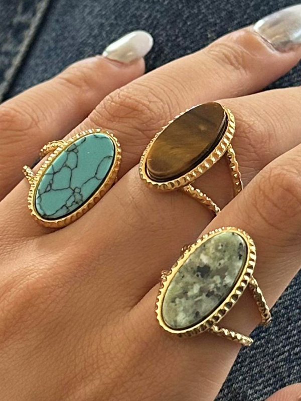 Oval Blue Turquoise Tiger's Eye Adjustable Open Ring (Single Set) - Image 3