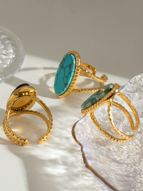 Oval Blue Turquoise Tiger's Eye Adjustable Open Ring (Single Set) - Image 12