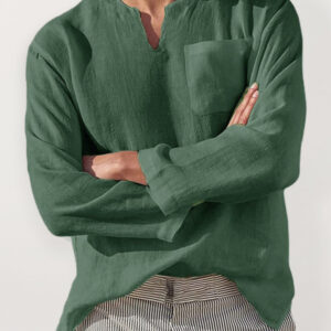 Men's Long Sleeve V Neck Casual Beach Linen Shirt
