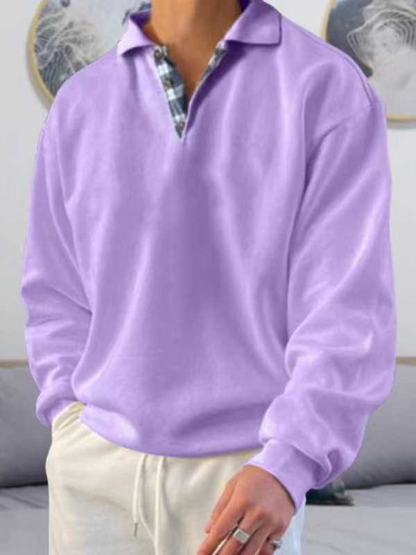 Men's solid color lapel loose long-sleeved POLO shirt - Image 6