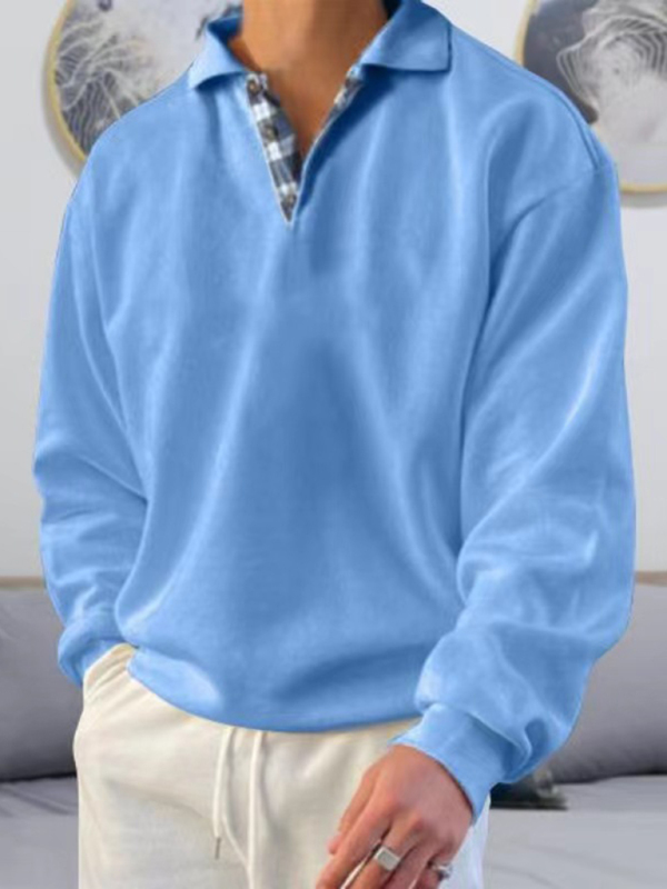 Men's solid color lapel loose long-sleeved POLO shirt - Image 2
