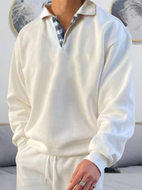 Men's solid color lapel loose long-sleeved POLO shirt - Image 9