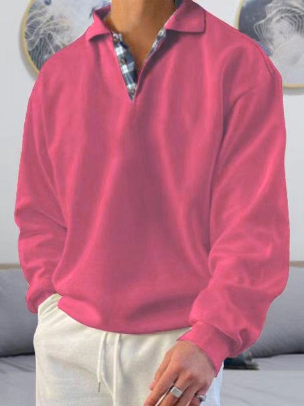 Men's solid color lapel loose long-sleeved POLO shirt - Image 5