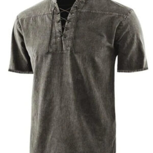 Men's Woven Retro Lace Up Collar Casual Short Sleeve Shirt