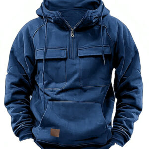Men's solid color hooded sports multi-pocket sweatshirt jacket