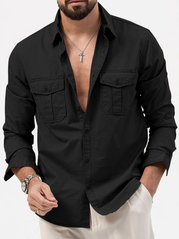 Men's new multi-pocket casual long-sleeved shirt top - Image 17
