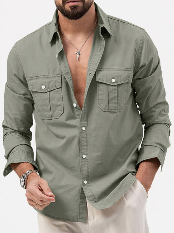 Men's new multi-pocket casual long-sleeved shirt top - Image 14