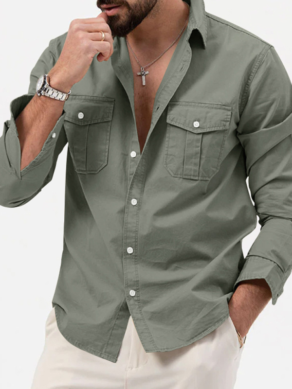 Men's new multi-pocket casual long-sleeved shirt top - Image 13