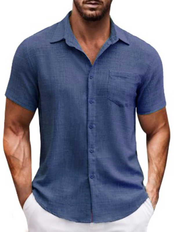 New solid color lapel pocket short sleeve casual men's shirt - Image 3