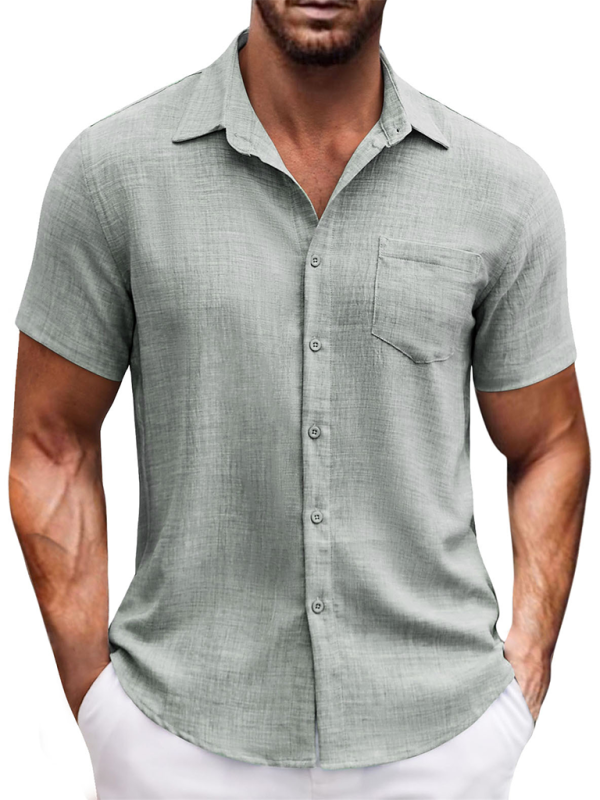 New solid color lapel pocket short sleeve casual men's shirt - Image 9