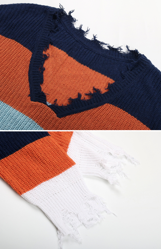 Ladies V-Neck Striped Stitching Sweater - Image 6