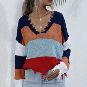 Ladies V-Neck Striped Stitching Sweater