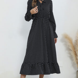 Ladies V-Neck Tie Long Sleeve Polka Dot Dress