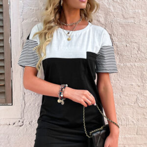 Women's Dress Casual Round Neck Short Sleeve Patchwork Striped T-Shirt Dress