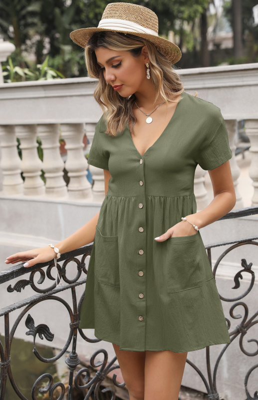 Women's Loose Shirt Dress V-Neck Short Sleeve Pleated Cotton Linen Dress - Image 13