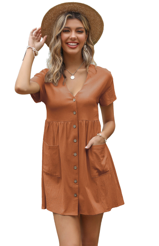 Women's Loose Shirt Dress V-Neck Short Sleeve Pleated Cotton Linen Dress - Image 14
