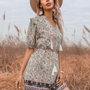 Slim Fit Fringed V-Neck Tie Floral Dress