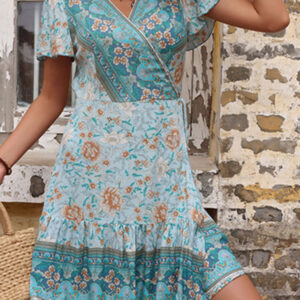 Summer European and American retro women's print blue one-piece dress