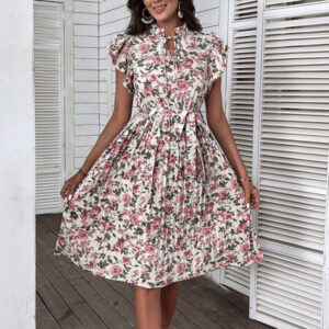Summer European and American retro skirt print mid-length white dress