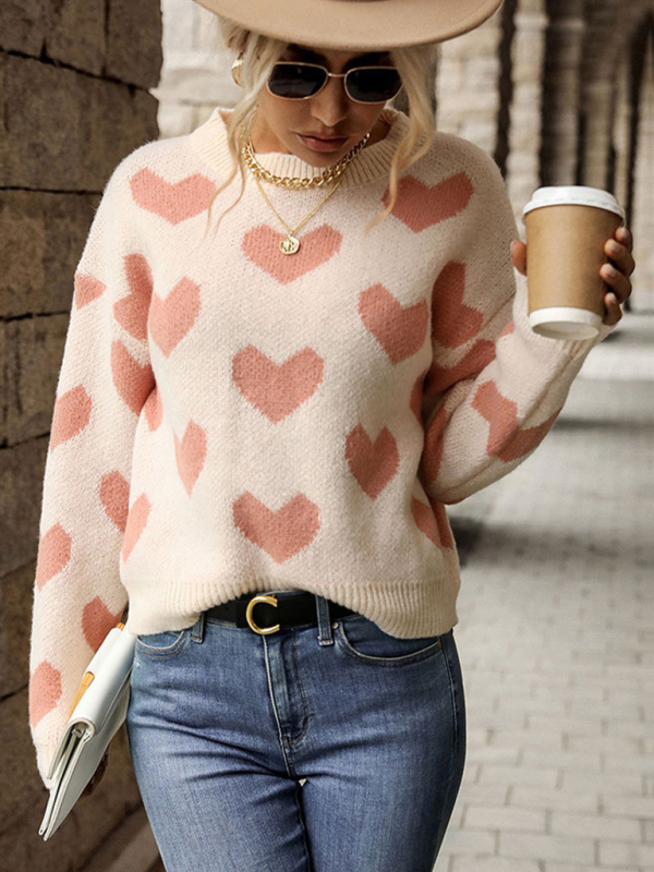 Knit Casual Heart Long Sleeve Pink Sweater - Image 2