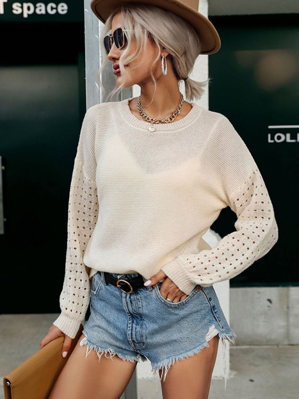 Fashion Thin Cutout Long Sleeve White Knit Sweater - Image 2