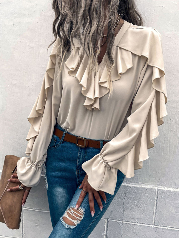 Women's Solid V-Neck Ruffle Panel Top - Image 7