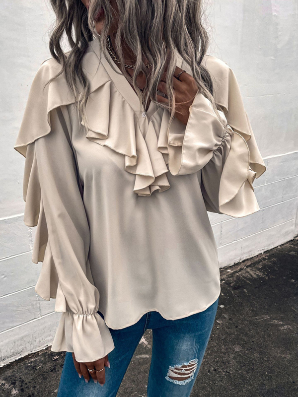 Women's Solid V-Neck Ruffle Panel Top - Image 5