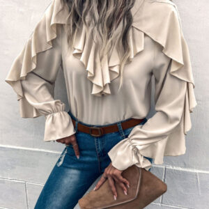 Women's Solid V-Neck Ruffle Panel Top