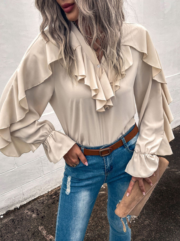 Women's Solid V-Neck Ruffle Panel Top - Image 6