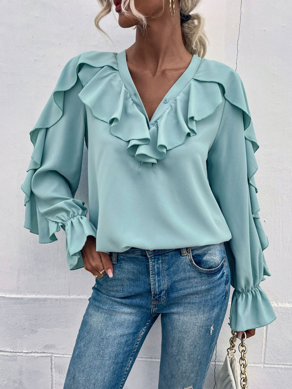 Women's Solid V-Neck Ruffle Panel Top - Image 13
