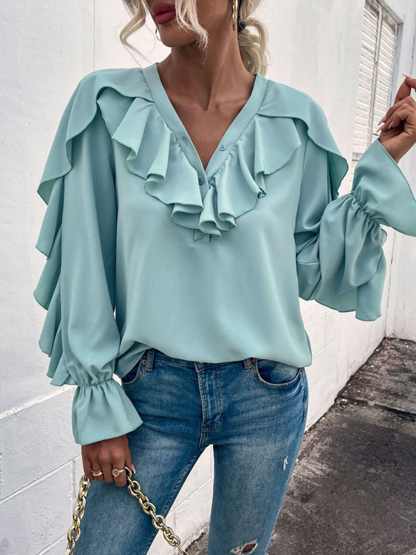 Women's Solid V-Neck Ruffle Panel Top - Image 11
