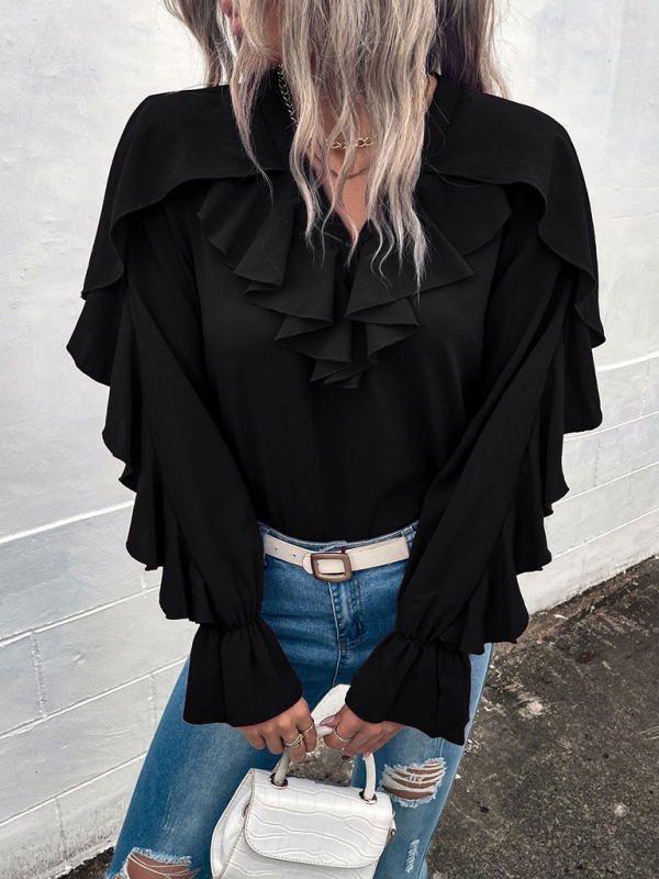 Women's Solid V-Neck Ruffle Panel Top - Image 9