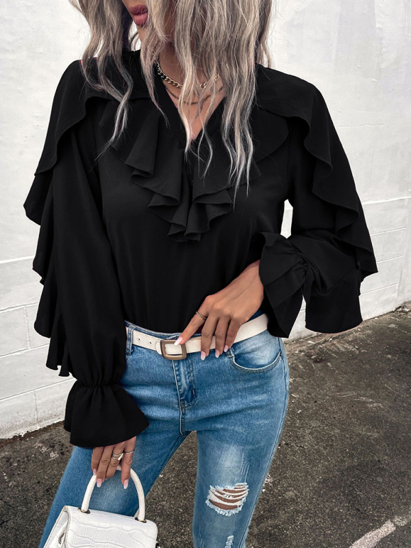 Women's Solid V-Neck Ruffle Panel Top - Image 8