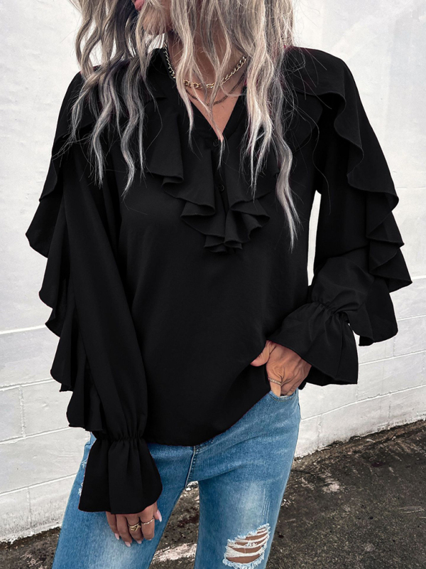 Women's Solid V-Neck Ruffle Panel Top - Image 2