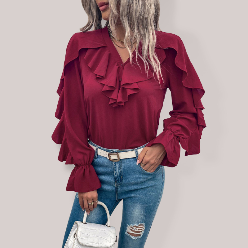 Women's Solid V-Neck Ruffle Panel Top - Image 4