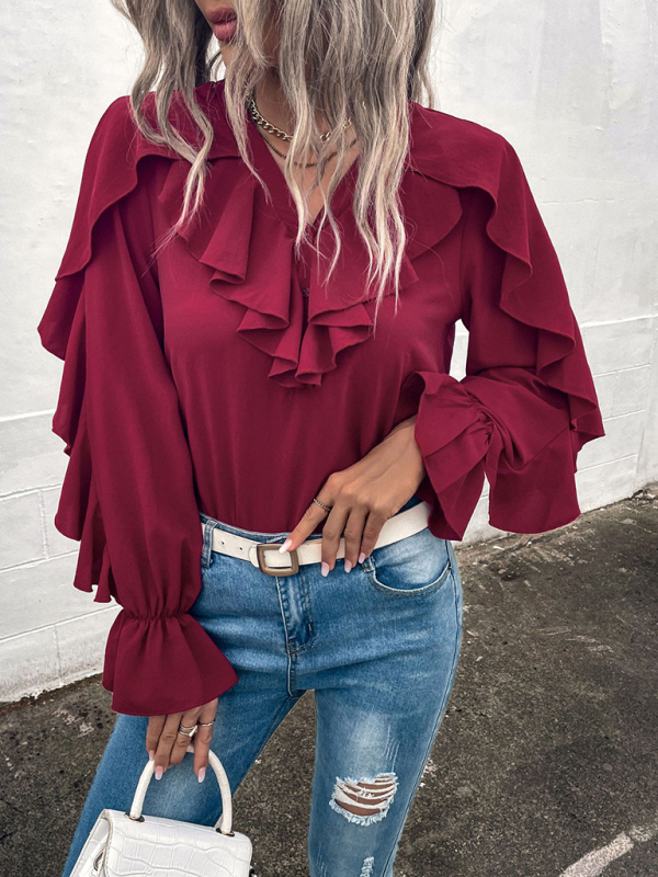 Women's Solid V-Neck Ruffle Panel Top - Image 15