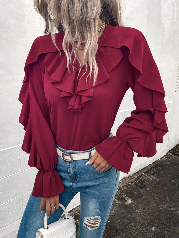 Women's Solid V-Neck Ruffle Panel Top - Image 16