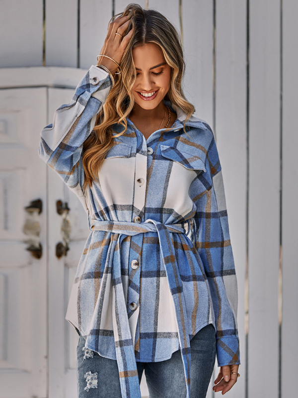 Women's single breasted casual plaid belt jacket - Image 5